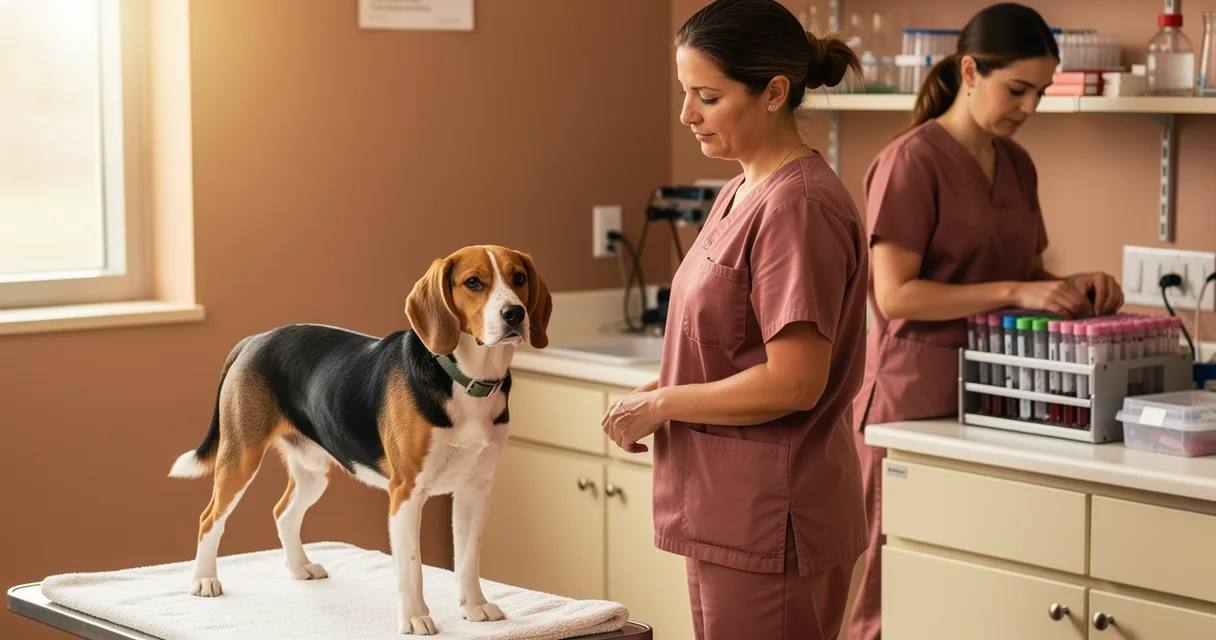 A beagle beside an animal-care technician in a bright research room